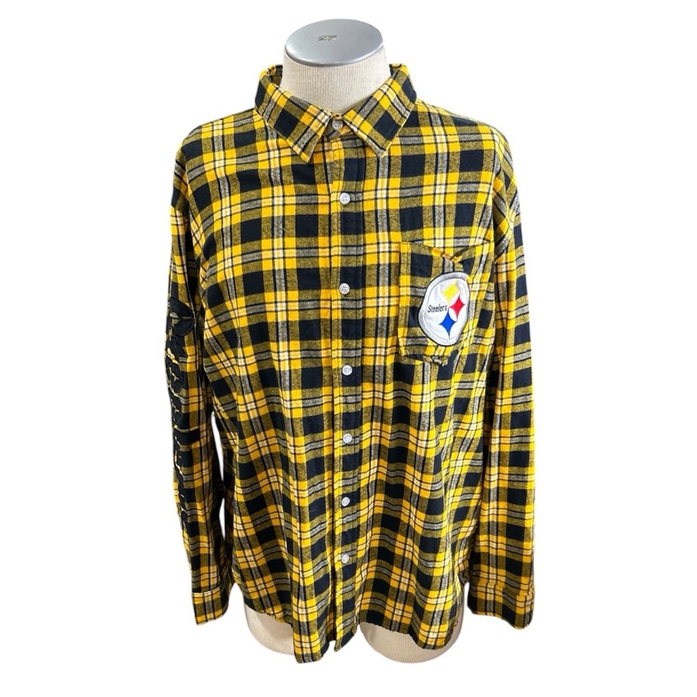 NFL Pittsburgh Steelers Mens Flannel Shirt 2XL Yellow Black Plaid Long Sleeve